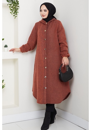 Çizgi Detay Kapüşonlu Kaşe Kap 1634 - Kiremit Kiremit