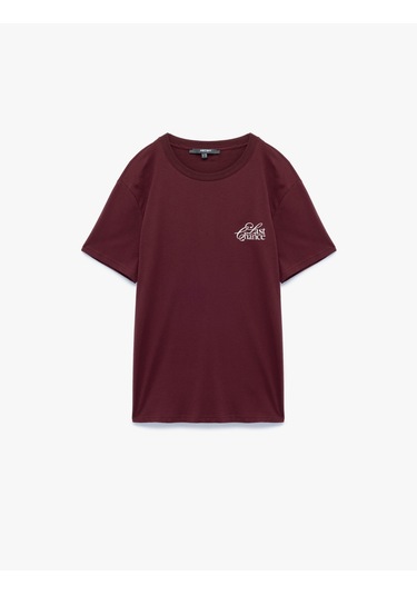 Koton Regular Fit Kısa Kollu Bisiklet Yaka Pamuklu Baskılı Tişört Bordo 6wam10094hk Bordo