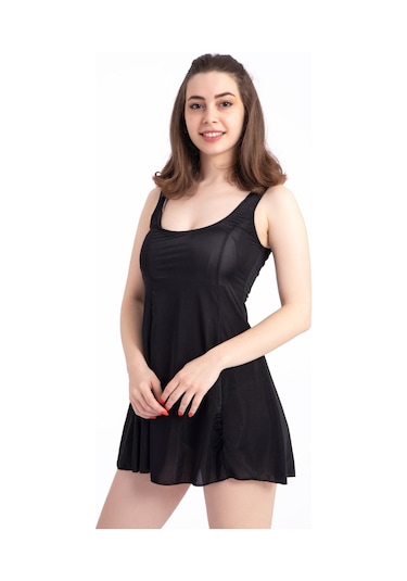 Kadın Düz Askılı Etekli Elbise Mayo Siyah-siyah 30660 - 1 Siyah