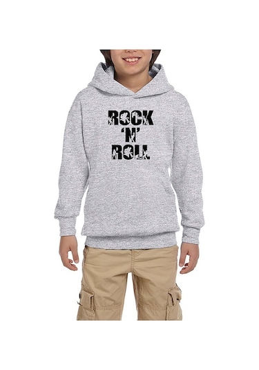 Zepplin Giyim Black Rock 'N' Roll Text Gri Çocuk Kapşonlu Sweatshirt Gri