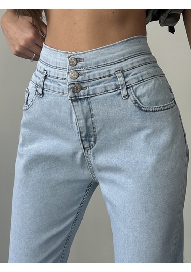 Kadın 3 Kemerli Yüksek Bel Kot Dar Paça Pantolon Buz Kar