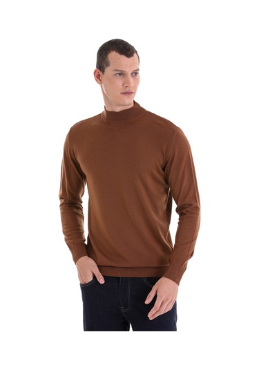 Hatemoğlu Kahverengi Regular Fit Düz Yarım Balıkçı Yaka Yünlü Triko Kazak Kahverengi