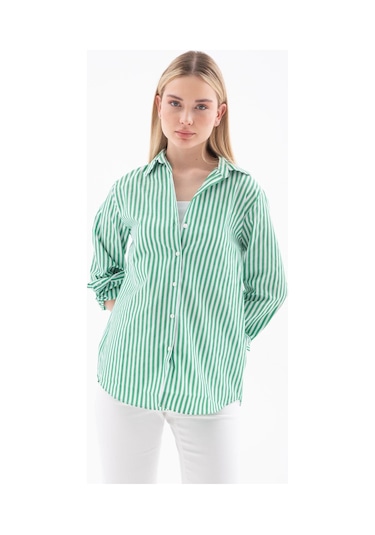 Fashion Friends Oversize Kadın Çizgili Gömlek Yeşil