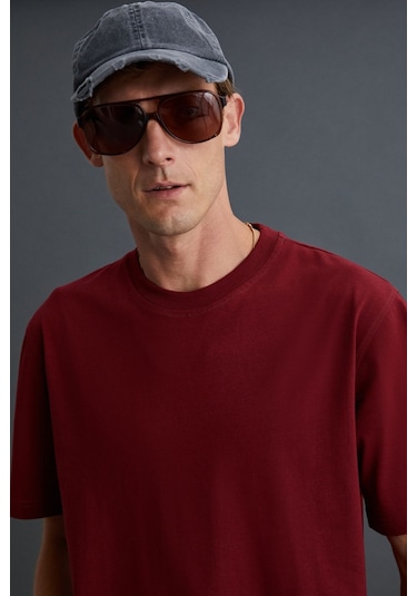 GRIMELANGE Solo Erkek %100 Organik Pamuklu Kalın Dokulu Comfort Fit Bisiklet Yakalı Bordo T-shirt Bordo