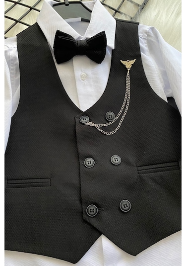 Zincir Detay Çift Düğmeli Erkek Çocuk Takım Elbise Siyah