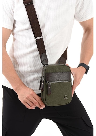 Kanvas Kumaş Telefon Çantası Erkek Postacı Çanta 20 12 Cm Çapraz Askılı Omuz Çantası Mega Çanta Haki