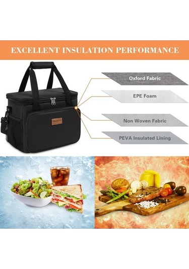 Fortunelane 15l Isı Yalıtımlı Çanta, Leakproof Su Geçirmez 600d Oxford Bezi, Ofis & Piknik İçin Taşınabilir Besin Çantası - Siya Siyah