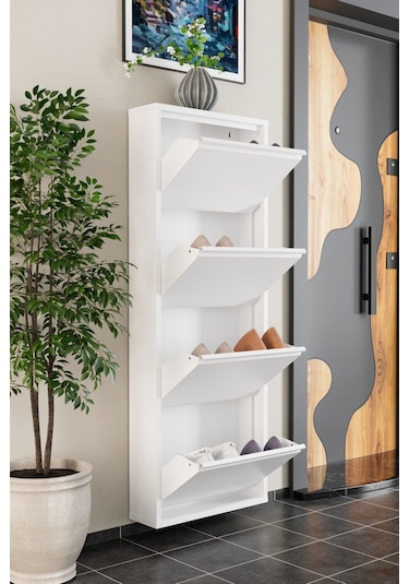 4 Kapaklı Metal Ayakkabılık Beyaz Beyaz