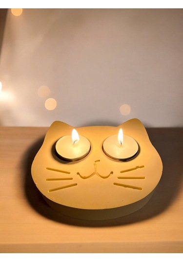 Sarı Kedi Şekilli Beton Mumluk - El Yapımı Dekoratif Çay Işığı Tealight Mumluk - Minimalist Kedi Tem Sarı