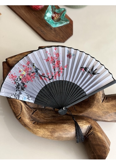 Bambu İpek Şık Japon Yelpaze - Siyah Kırmızı Gri Renk Çiçekli
