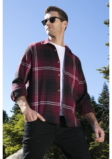 Buratti Ekoseli Uzun Kollu Slim Fit Kışlık Erkek Gömlek Cf21W112844 Bordo