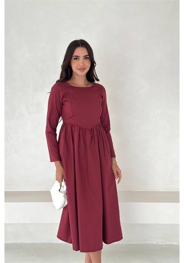 Neşeli Butik Kadın Sırt Dekolteli Uzun Kollu Midi Elbise Nbk4311 Bordo