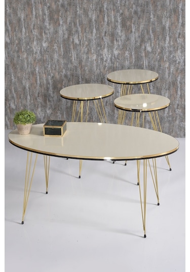 Zigon Sehpa Ve Orta Sehpa Elips Set Çift Gold Krem Tel Ayak