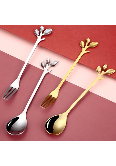 Neevoyu Evde Kullanalım Yeşil Yaprak Desenli Paslanmaz Çelik Kahve Kaşığı, Tatlı Çatalı, Ev Çamaşırı Servis Takımı - Altın Renkli Estetik Spoon Fork Seti Altın