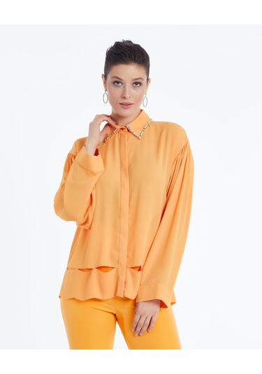 Kadın Yakası Taş Detaylı Gömlek - Modern Ve Şık - Günlük Ve Özel Günler İçin Gömlek Orange