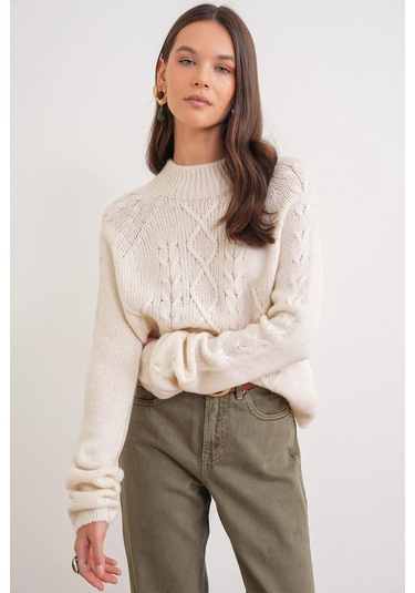 6855 Kadın Dik Yaka Saç Örgülü Triko Kazak Krem Krem