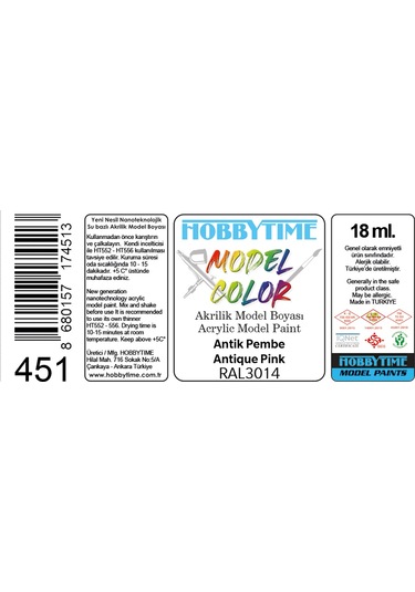 Hobbytime 451 18 Ml. Ral3014 Antik Pembe Antique Pink , Akrilik Model Boyası