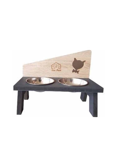 Liva Kedi Figürlü Ahşap Standlı İkili Kedi Mama ve Su Kabı