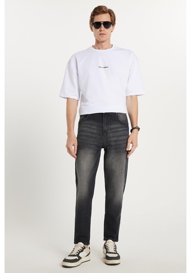 Erkek Relax Fit Geniş Kesim Boru Paça Denim Yıkamalı Taşlamalı Esnek Siyah Jean Kot Pantolon-34489 Siyah