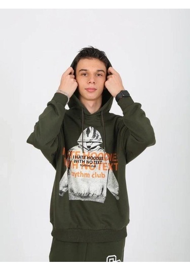 Erkek Çocuk Kapüşonlu Not Hoodies Yazılı Sweatshirt-15230 Haki