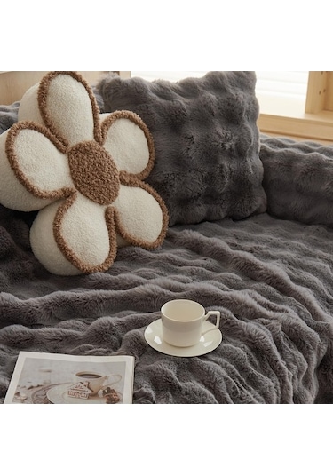 Novahub Kış Yumuşak Tavşan Peluş Kanepe Havlusu, Modern Düz Renk Açık Kahve Örtü Açık Kahve