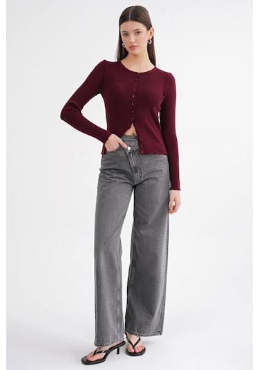 6931 Kadın Düğmeli Fitilli Triko Hırka Bordo Bordo