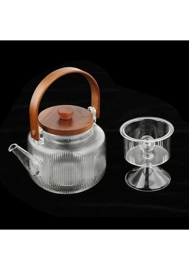 Cam Çaydanlık Çayı Su Isıtıcısı Kung Fu Çayı 1000ml El Üfleme Çay Evi İçin Çay Süzgeç İle Açık Ahşap Sapı Aile Evi Açık, 2pcs Filtre