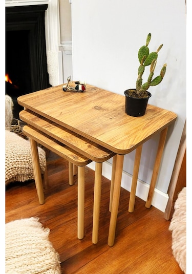 Doğal Ahşap Ayaklı 3'lü Zigon Sehpa Seti Çam