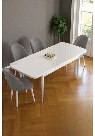 Mura Beyaz 80x132 Açılabilir Mdf Masa Yemek Odası Takımı, Mutfak Takımı 4 Adet Sandalye Gri