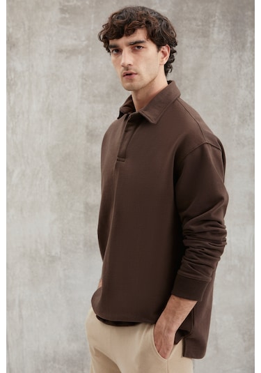 John  Erkek Polo Sweat Gömlek Yakalı Arkası Uzun Yırtmaçlı Diagonel Kumaşlı Koyu Kahverengi Sweatshir