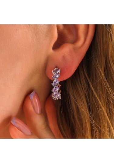 Gümüş Lila Taşlı Damla Çivili Kadın Küpe Çok Renkli