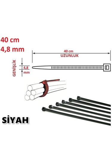 100 Adet 40cmx4,8mm Siyah Plastik Cırt Kelepçe Kablo Bağı