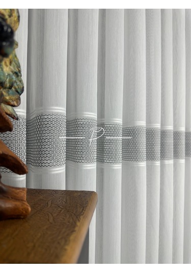 Tül Perde Monalisa Desen Bantlı Şerit Armür Etek Kurşun Sarım Ekru