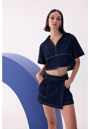 Defacto Fashion Fit Polo Yaka Kısa Kollu Jean Bluz D3716AX24AUNM34