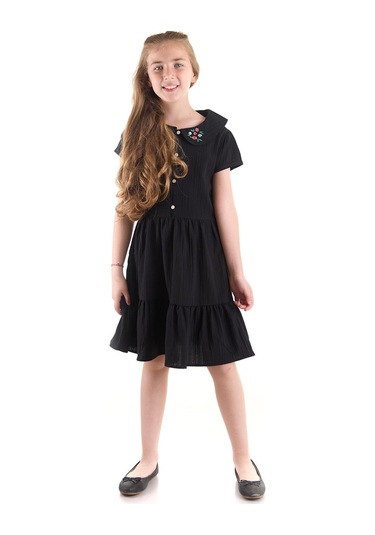 Ahengim Kız Çocuk Düğmeli Yaka Nakışlı Elbise Trend Pamuklu Pamuklu Ak2523 Siyah