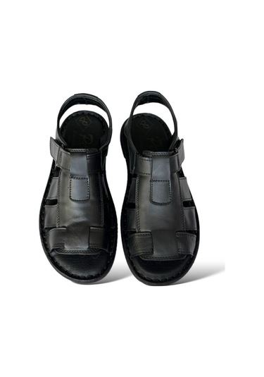 Erkek Hakiki Deri Cırtlı Sandalet Siyah-siyah Siyah