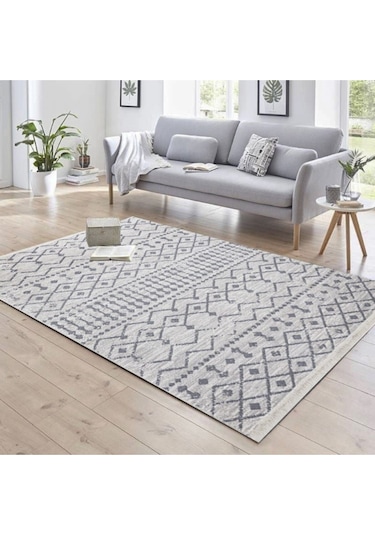 Saraz Halı Bohem Serisi Çift Taraflı Dokuma Pamuklu Kilim Gri - Krem