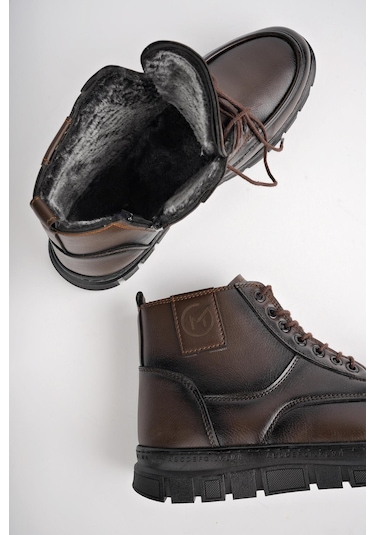 Muggo Gilberto Garantili Fermuarlı Bağcıklı Kürklü Hafif Taban Erkek Bot Kahverengi