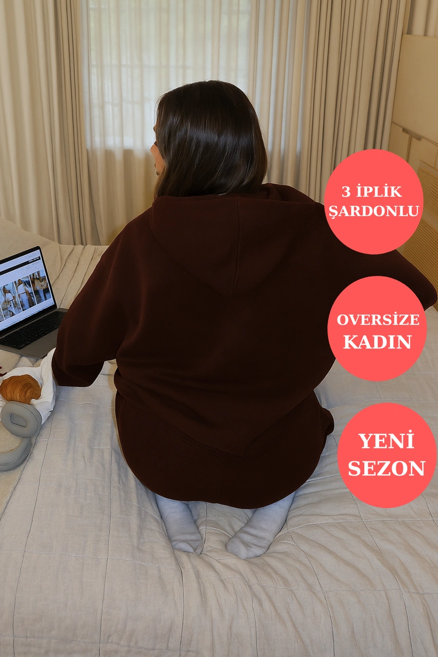 Q-4008 Kapüşonlu Üç İp Şardonlu Sweat Kahverengi