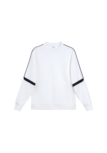 Edwardest 2025 Kadın Sonbahar İki Renkli Kalın Örgü Yuvarlak Yaka Sweatshirt Beyaz