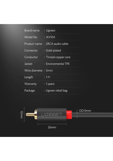Ugreen RCA 2RCA Stereo Ses Kablosu 1 Metre