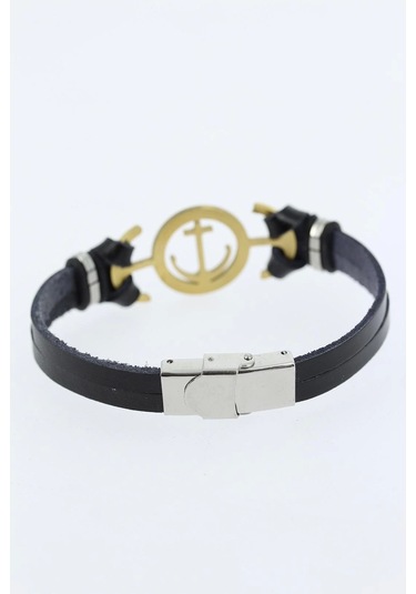 Gold Renk Deniz Çapası Figürlü Metal Aksesuarlı Siyah Renk Deri Erkek Bileklik Çok Renkli