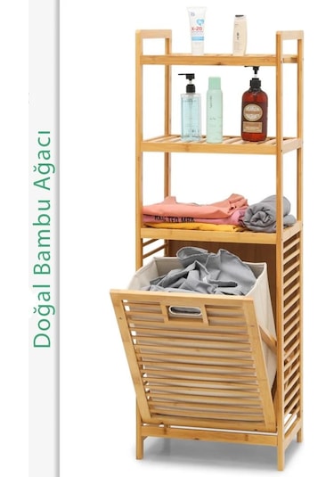 Digithome Bambu Kirli Sepetli 3 Raflı Çok Amaçlı Banyo Düzenleyici Çamaşır Sepeti Organizer Db-0002 Diğer