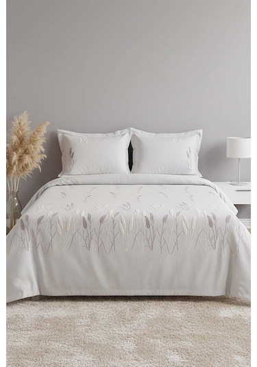 Açık Gri Willow Breeze Desen Çift Kişilik Nakışlı Yatak Örtüsü Seti