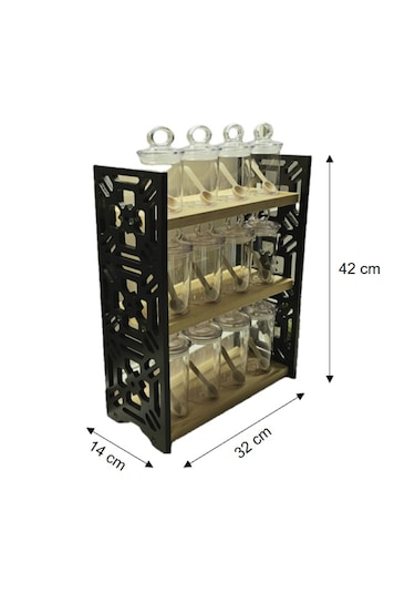 12 Li Baharatlık Takımı Ahşap Siyah Standlı Mika Vakum Kapaklı Siyah