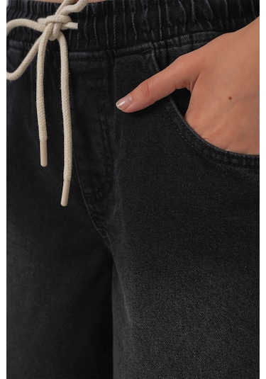 Gabria Bel Lastikli Bol Paça Jean Pantolon Siyah