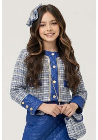 Riccotarz Kız Çocuk Kapitone Ve Altın Şerit Detaylı Şanel Mavi Etekli Takım Mavi