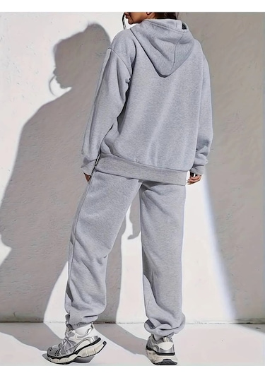 Hırsch Gri Kadın Oversize Basic Kapüşonlu Lastikli Milano Italy Baskılı Pamuklu Eşofman Takımı Gri