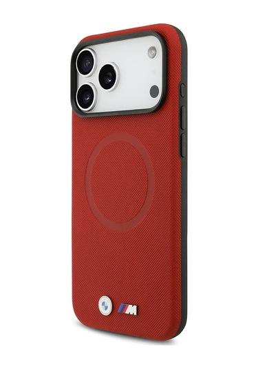 İphone 17 Pro Max Uyumlu Kılıf Bmw Lisanslı M-safeli Metal Logo Delikli M Dizayn Deri Kapak Kırmızı Kirmizi