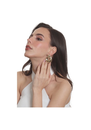 Labalaba Kadın Yaprak Dokulu Çivili Model Çanta Formlu Küpe - Altın Antrasit